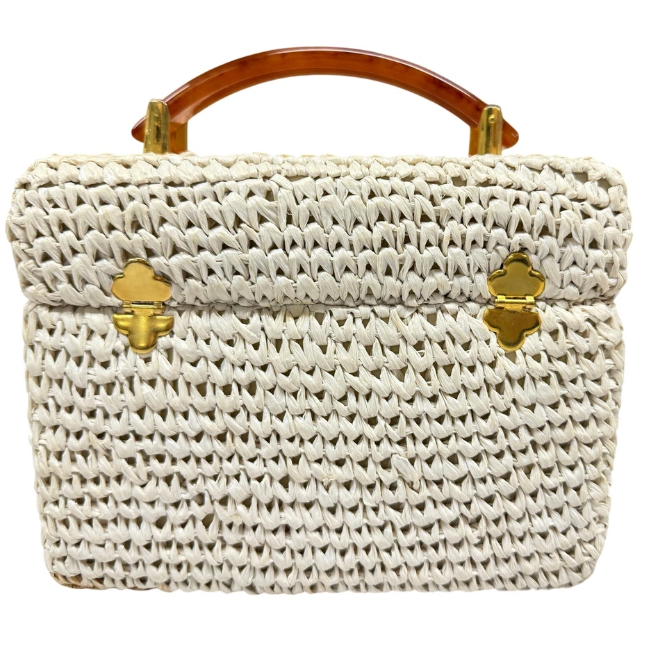 Bolso de Colección Años 60 Rosenfeld para Italia Caja Monedero Ámbar Lucite Mango Marfil Rafia Foto 4 de 4