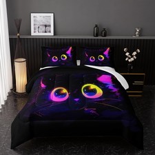 Nttopship Cute Cat Kids Comforter Set Twin Size 3Pcs Black In Dark 3D Digital