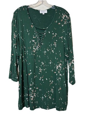 Prescott New York Women s Plus Size Green Tunic Top Speckled Lace-Up Neckline 2X
