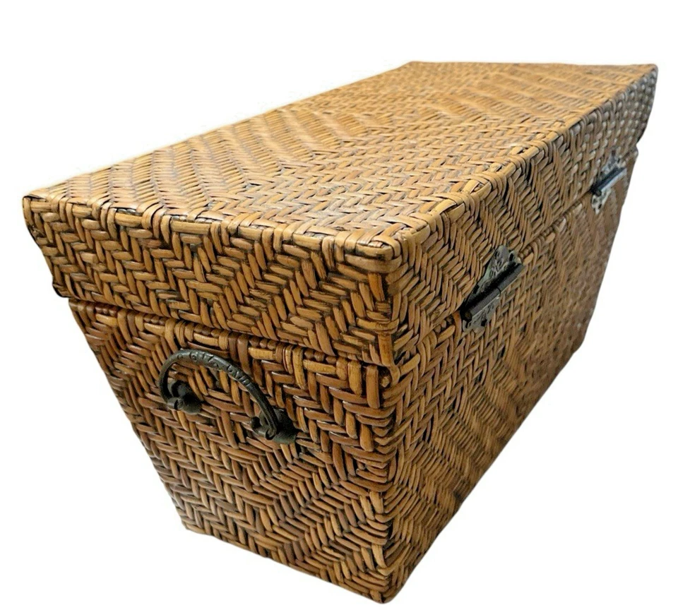 Vintage Woven Rattan Storage Box/ Wood Interior/ Metal Latch Brass Handles -Boho - Image 3 of 4