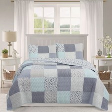Subtle Blue Checker Cottage Floral Stripe Cotton Patchwork Quilt Bedding Set