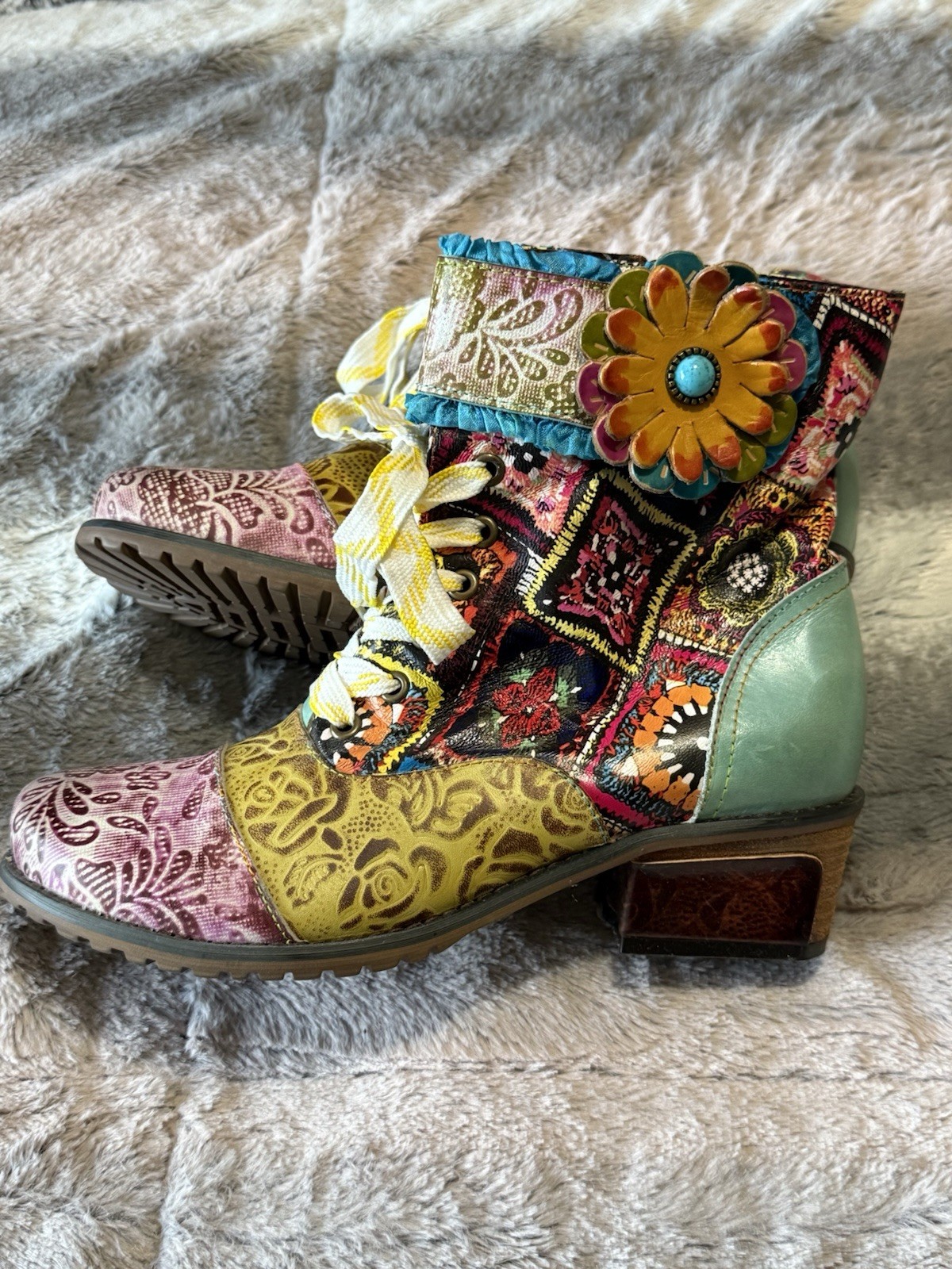 Cottage Core Multi Pattern Quilted Look Boots 8.5 - image 1