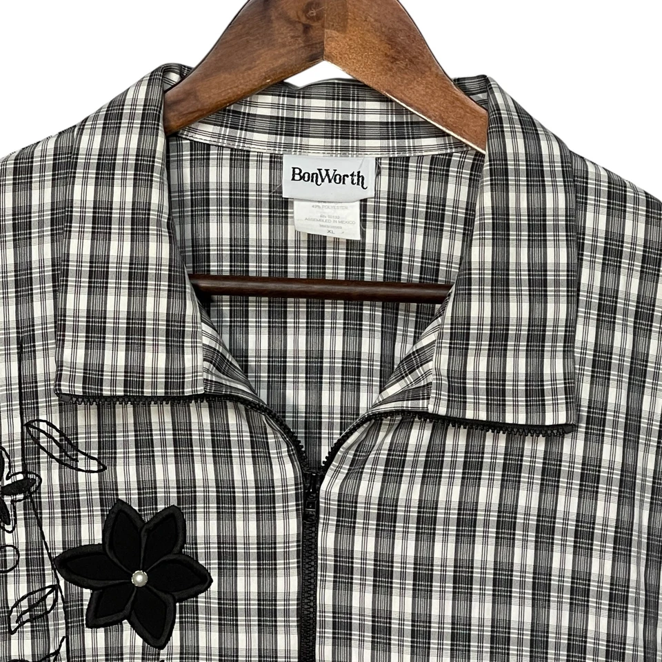 Chaqueta ligera Bon Worth para mujer talla XL gris floral a cuadros cremallera completa bolsillo Y2K Foto 3 de 4