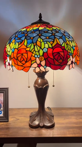 Tiffany Style Table Lamp Stained Glass Rose Flowers LED Bulb Included 16"W*24"H - Video 1 of 1