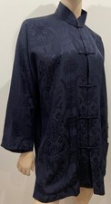 Shanghai Tang Midnight Navy Blue Silk Patterned High Mandarin Collar Jacket Uk18
