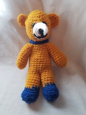 Handmade Crochet Gold Blue Teddy Bear Stuffed Animal Toy 