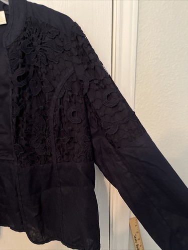 Chico’s Women’s Jacket 100% Linen Size 2 Navy Lace Short Coat Floral L/S EUC - Picture 5 of 15