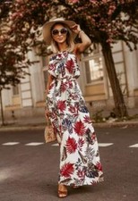 SALE 🛒Summer Maxi Dress Floral Pattern White Red Size 8-12 UK Sleeveless