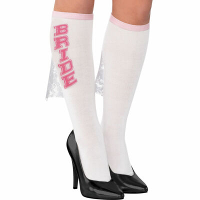 BRIDE TO BE CLASSY SASSY BACELORETTE PARTY KNEE SOCKS WHITE PINK LACE VEIL