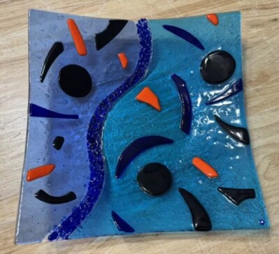 Murano Fused Glass Plate Multi Color Square 11 x 11 