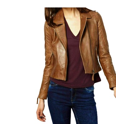 Hot Style Womens Brown Lambskin Leather Jacket Classic Moto Biker Stylish Outfit