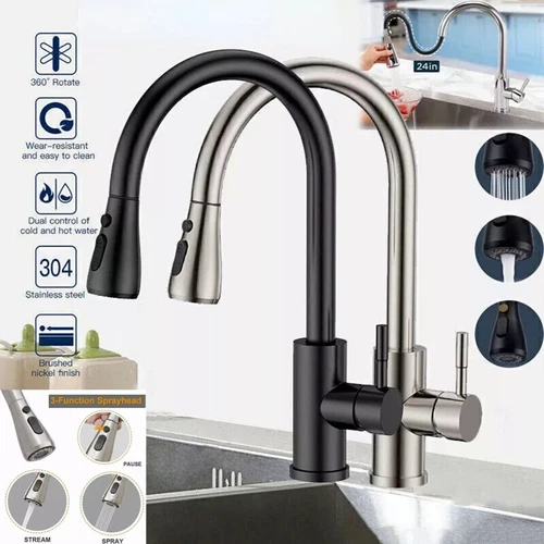 360° Kitchen Sink Mixer Taps Pull Out Spout Spray Single Lever Modern Mono Tap