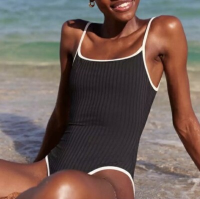Aerie Ribbed Scoop Back One Piece Bathing Suit Small Black/White