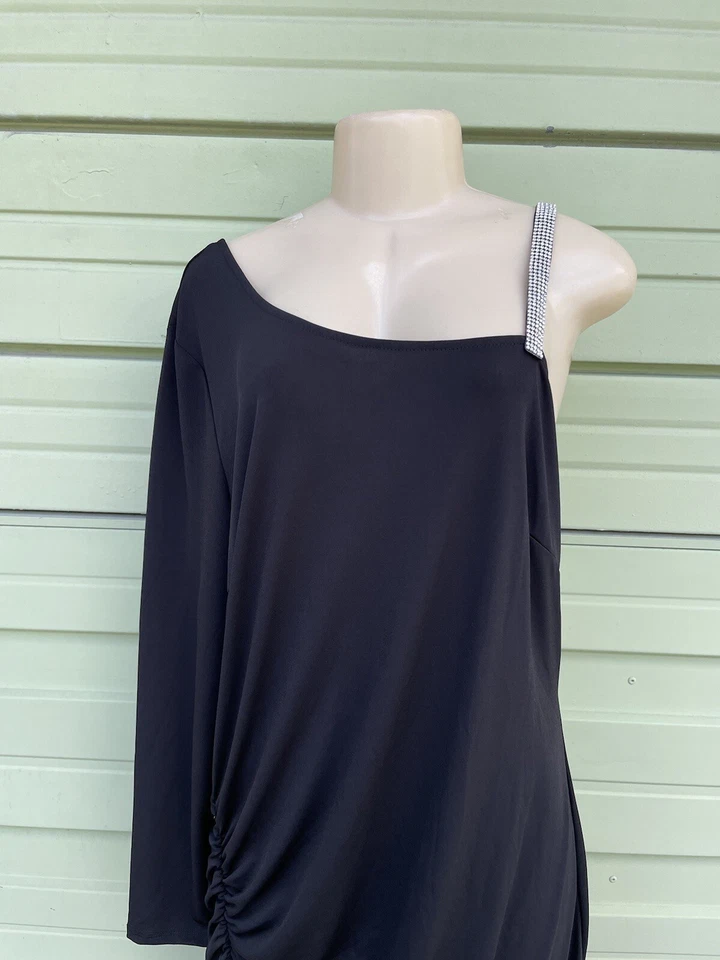 CAMEO Women Black one shoulder dress Rhinestones Midi Dress size 3X O920 - Image 2 of 4