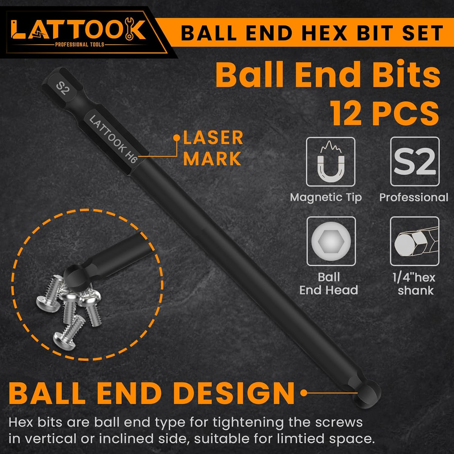 Ball End Hex Head Allen Wrench Drill Bit Set, 12PCS Metric Ball End Hex Bit Set