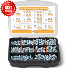 240-Piece Grease Fittings Assortment, SAE & Metric Zerk Grease Fittings (1/4", 1