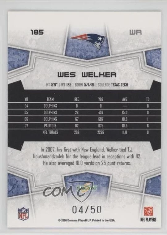 2008 Score Select Gold Zone /50 Wes Welker #185 - Image 2 of 2