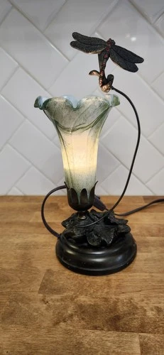 Vintage Tiffany Style Night Lamp With Dragonfly And Green Glass Flower Shade