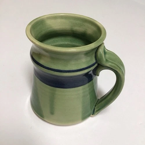 Studio Art Pottery Coffee Mug SIGNED Ray Green Blue Stripe Hand Thrown Vintage