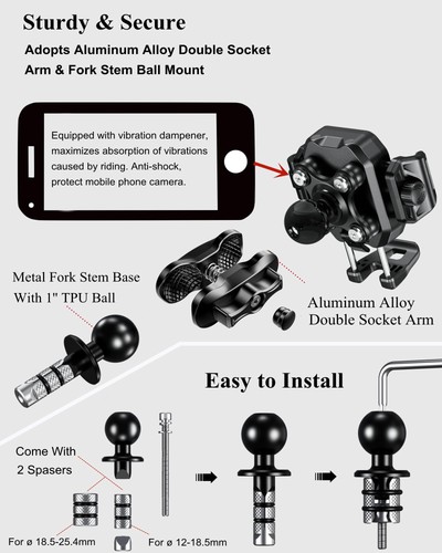 Motorcycle Fork Stem Phone Mount with Vibration Dampener, Anti-Theft Motorcyc... - Picture 6 of 9