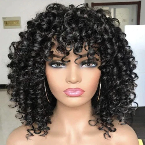 Peluca afro rizada con flequillo pelucas rizadas cortas para mujeres negras cabello negro nueva Foto 2 de 4