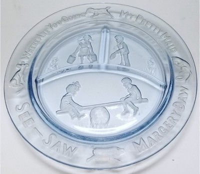 Vintage Clear Glass Child's Plate Nursery Rhyme See-Saw Margery Daw 