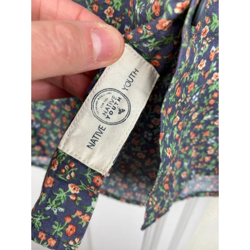 Native Youth Size M Gray Orange Ditsy Floral Short Sleeve Cotton Button Up Shirt - Image 3 of 4