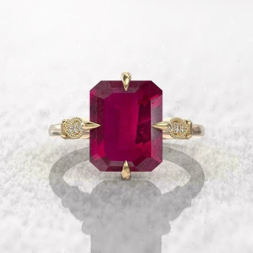 2.00CT Emerald Cut Lab Created Red Ruby Engagement Ring 14K Yellow Gold Plated