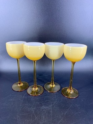Vintage Carlo Moretti Murano Cased White Amber Stem Glasses(4) MCM Cased Glass