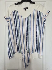 Fortune Ivy Women’s Lightweight Stripe Tie Front Top Cap Sleeves XL - EC