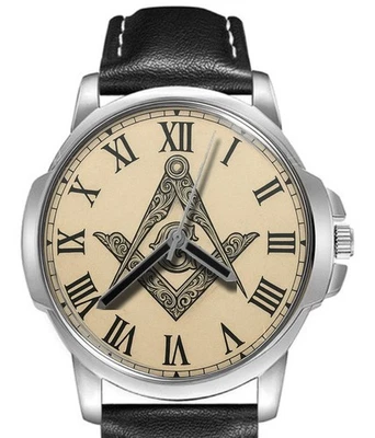 Freimaurer Quadratisch Kompass Römische Zahlen Lederarmband Big Zifferblatt Uhr - Bild 1 von 4