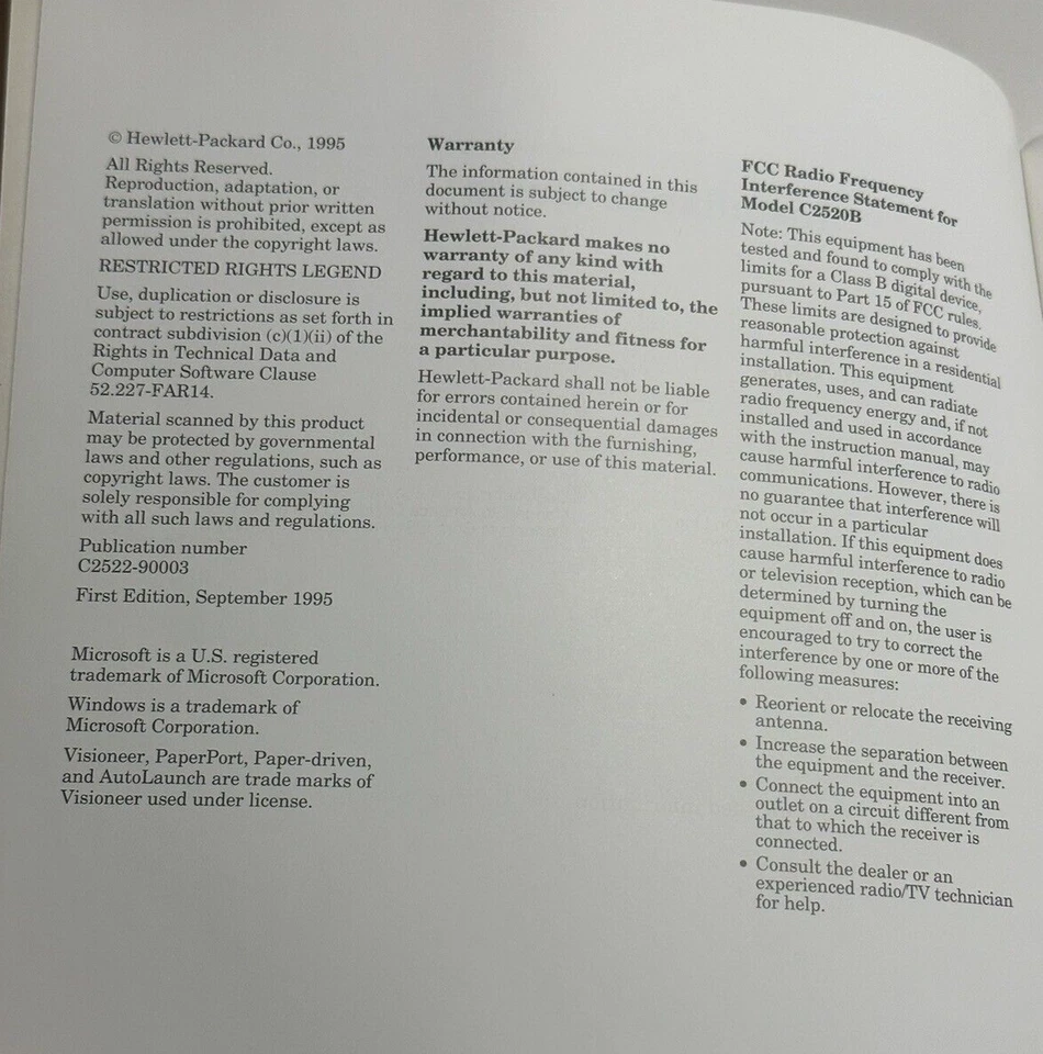 HP SCANJET 4C FLATBED SCANNER MANUAL FIRST EDITION #1 SEPTEMBER 1995 ISA/EISA - Image 4 of 4