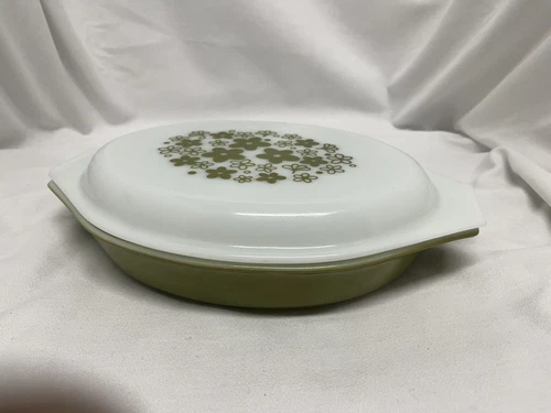 Vintage Pyrex Crazy Daisy Spring Blossom Green 1 QT Divided Casserole Dish Lid