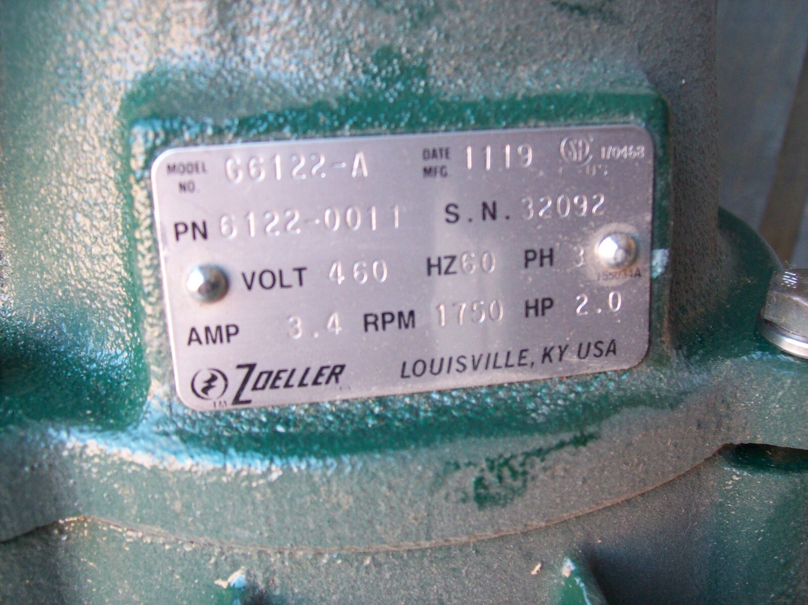 Zoeller 2hp Sewer Pump G6122A / 61220011 / 460volt / 3Ø eBay