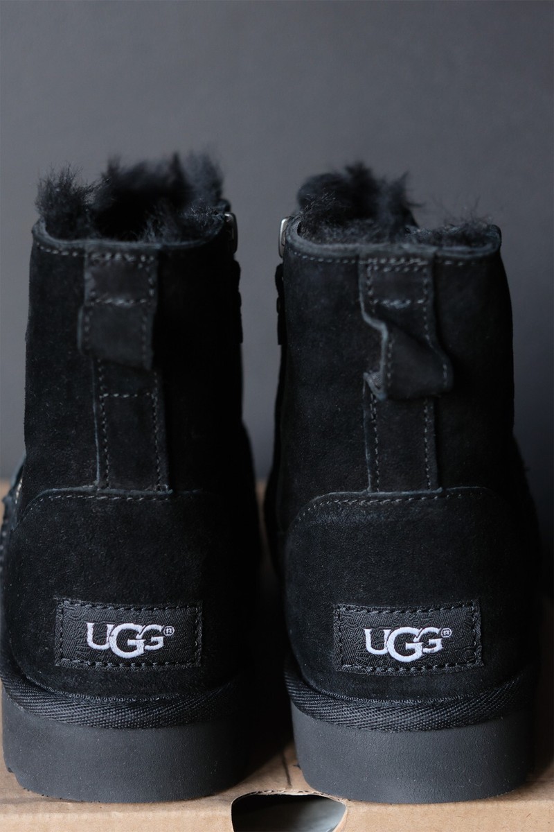 UGG Classic Mini Double Zip 1018849 Black Suede Winter Boots 5 6