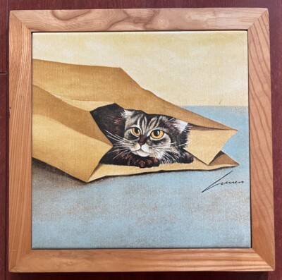 Lowell Herrero 1982, Cat In A Bag, Framed Tile Wall Hanging, Vintage Tile