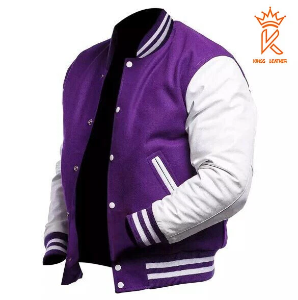 Varsity Lettermen Bomber Baseball Purple Wool Jacket With White Leather Sleeves