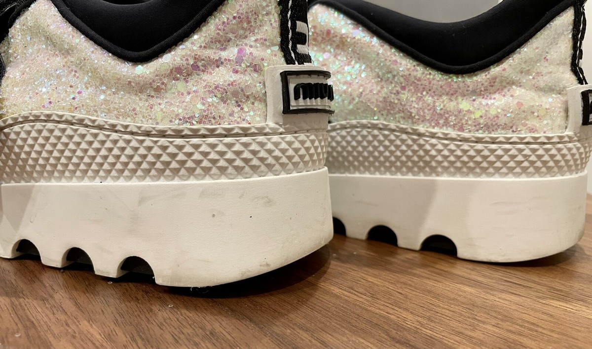 miumiu♡グリッタースニーカー ♡ピンク MIU MIU Pink And White Glitter Platform Sneakers With Logo