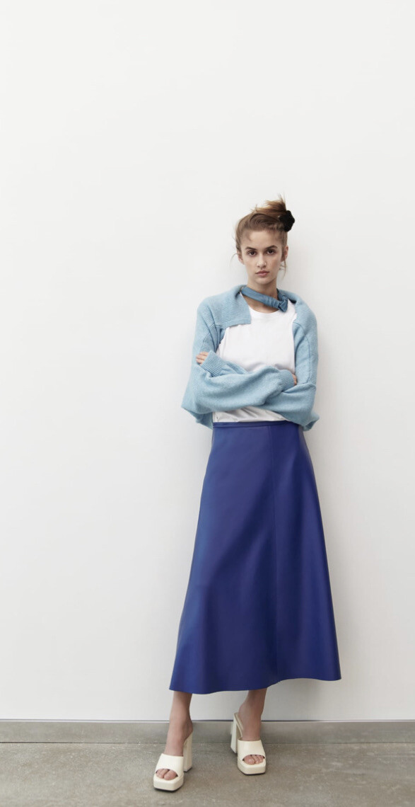 ZARA FAUX LEATHER LAYERED MIDI SKIRT BLUE SZ S NEW | eBay