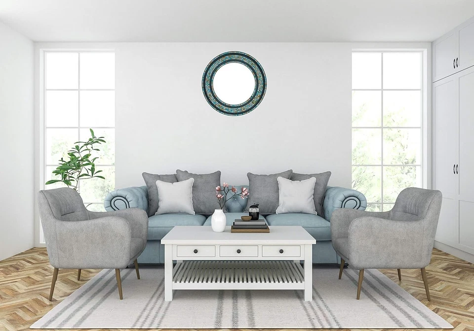 Zorigs - Espejo de Mosaico Turquesa y Marrón Artesanal, Espejo de Pared Redondo 24" Foto 2 de 3