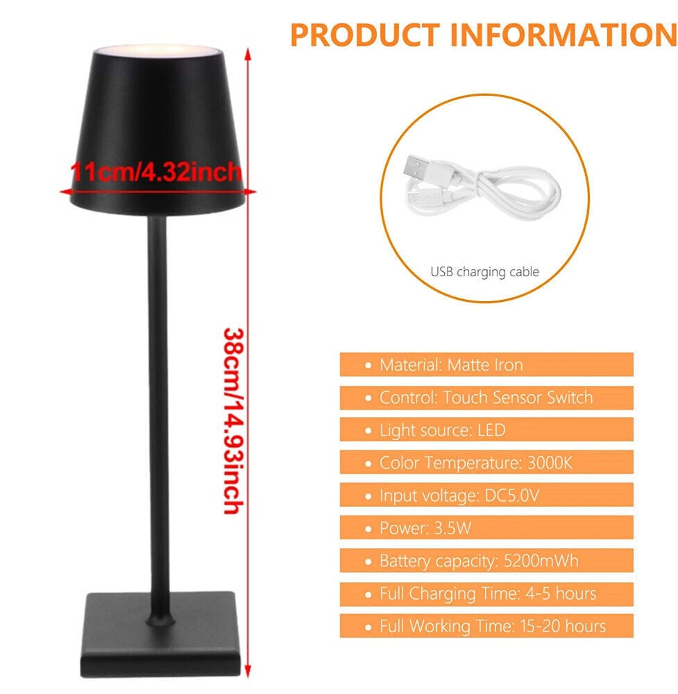 LED Cordless Table Lamp Rechargeable Battery Powered Bedside Touch