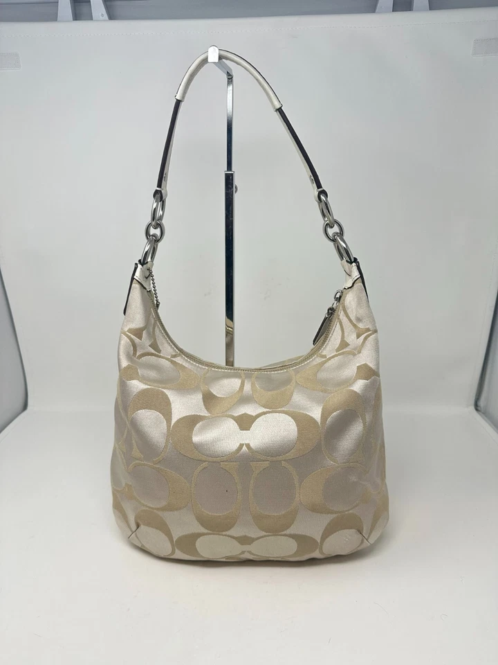 Bolso Hobo Coach Kristin de Lino 16817 Beige Marrón Firma C Bolso de Mano Cartera Foto 3 de 4