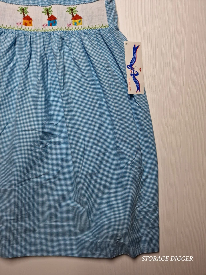 Vestido Solero Silly Goose Hawaii Calado a Mano Niñas 8 Azul 100% Algodón Borde Festoneado Foto 4 de 4