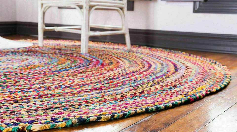 Rug Round Cotton Chindi Hand Braided Circle Area Rug Living Room Rug, Indian Rug - Image 4 of 4