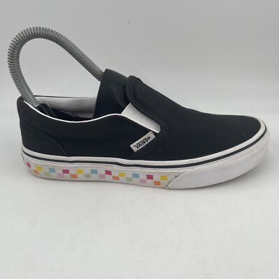 Van’s Big Kids Checkerboard Classic Black Slip On Rainbow Sidewall Shoe  Size