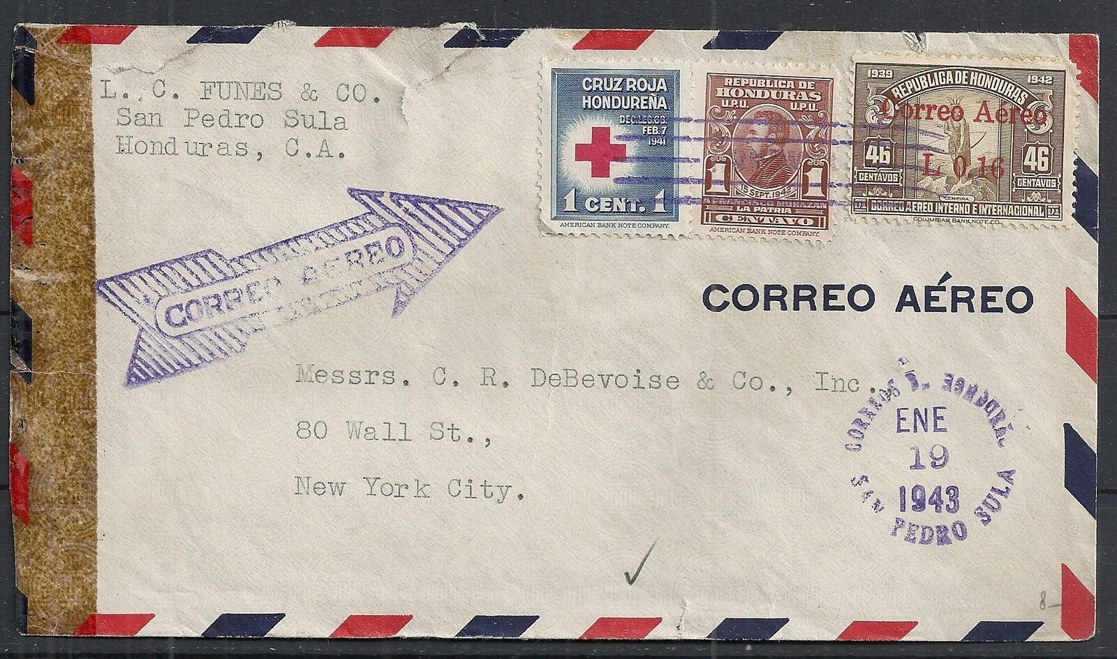 Honduras 1943 cens Airmailcover to New York