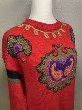 VTG 90s Rebecca Stone L Pop Artsy Sweater Boho Indie Ribbon Embellish Granny