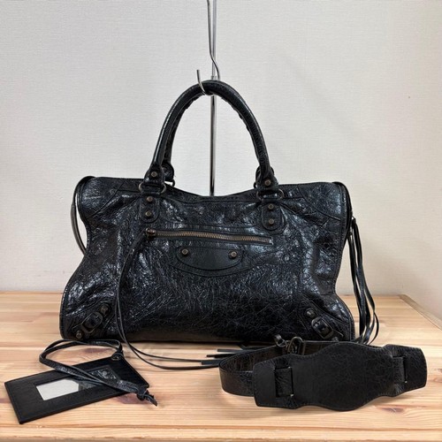 BALENCIAGA The City 2way Hand Bag Shoulder Bag Leather Black B Hardware Used #YJ