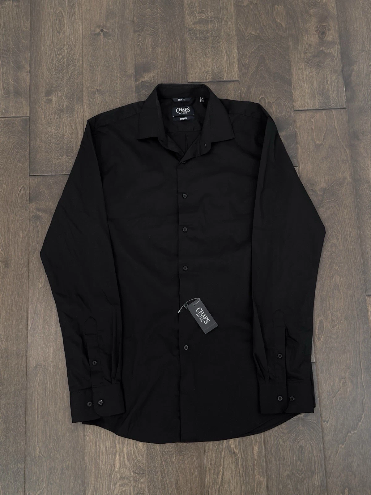 NWT Chaps Mens Slim Fit Stretch Black Button Down Shirt Size M 15-15.5 34/35 L/S - product detail image 2