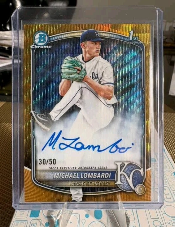 Michael Lombardi 2025 Bowman Draft Chrome Prospects Gold Wave Auto # /50 Royals